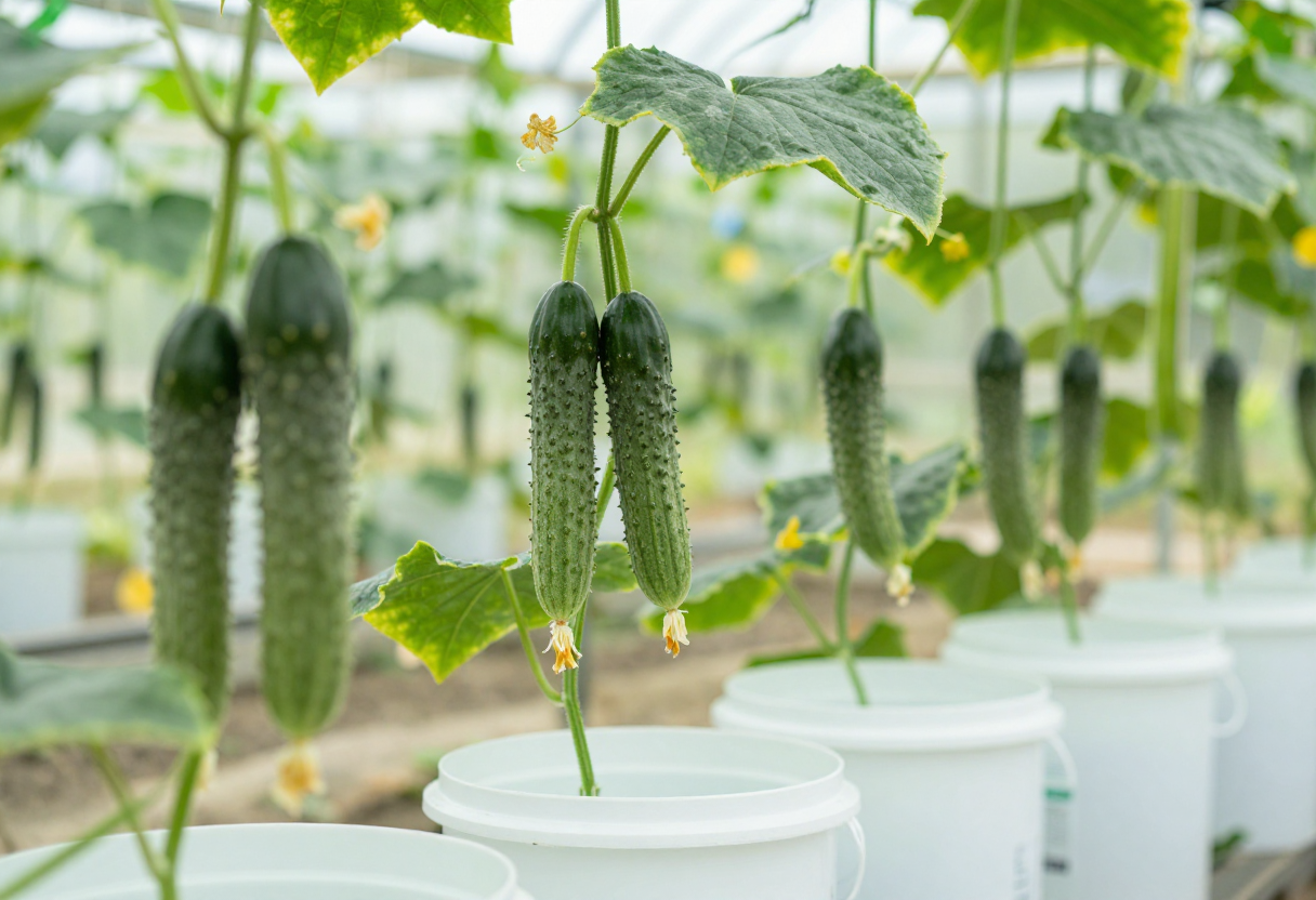 Cucumber vines climbing a vertical trellis above white buckets with cucumbers hanging
