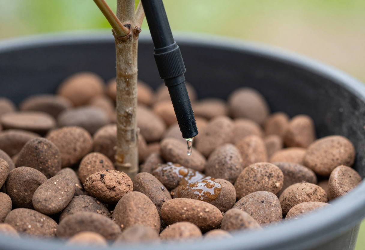 A black drip emitter on thin tubing dripping nutrient solution onto clay pebbles at the base of a plant