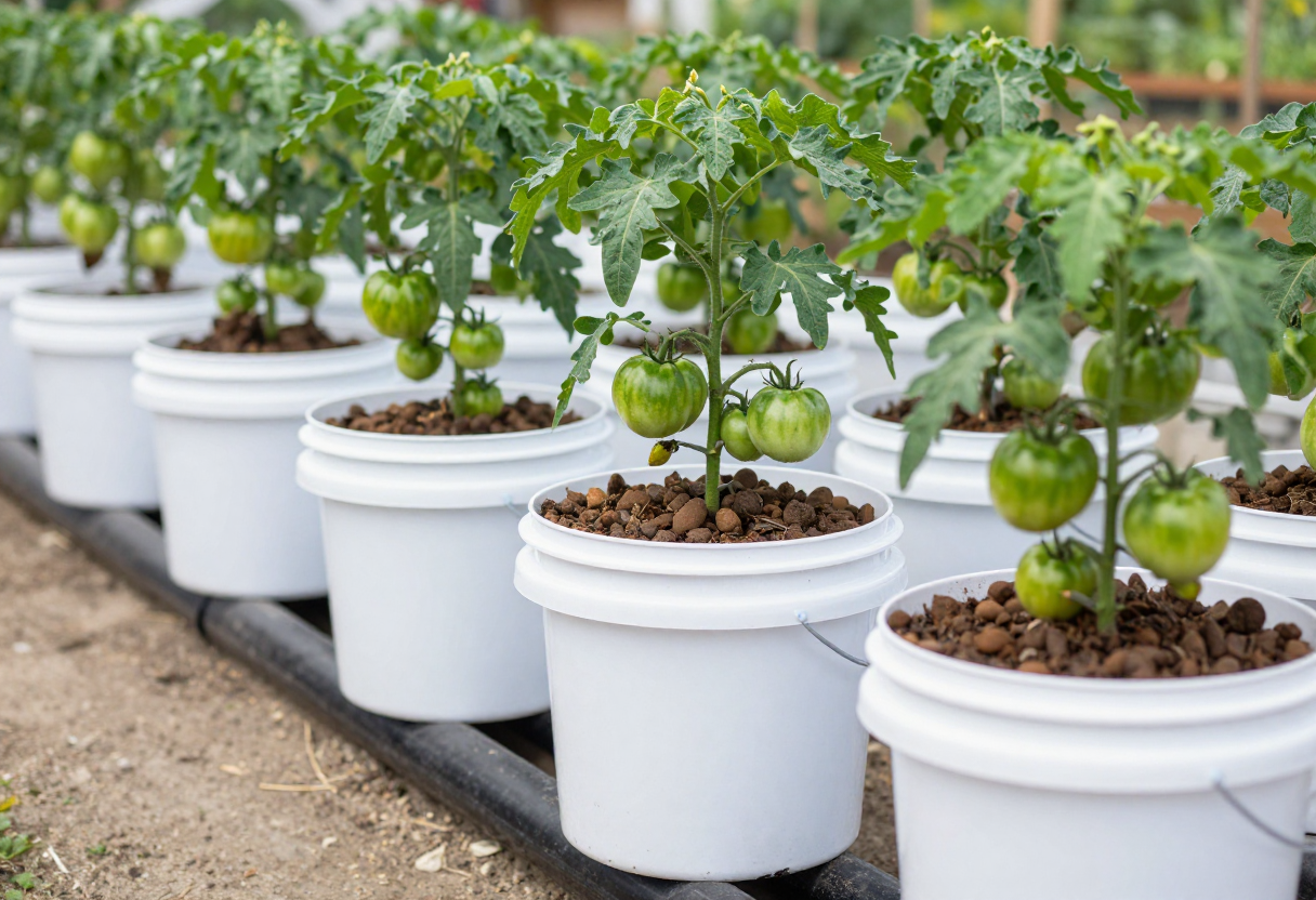 A row of white buckets connected by a black return pipe running along the floor in a greenhouse