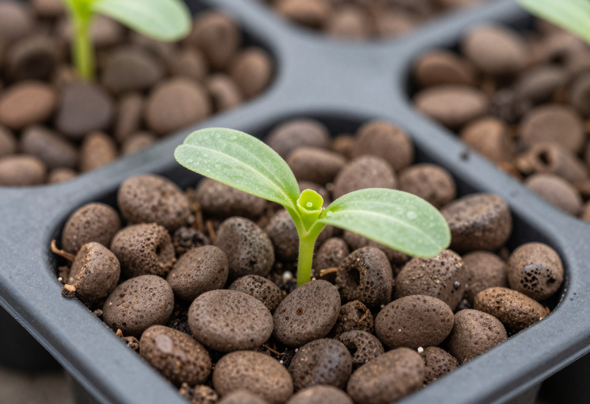 Brown expanded clay pebbles around the base of a young green plant in a black tray