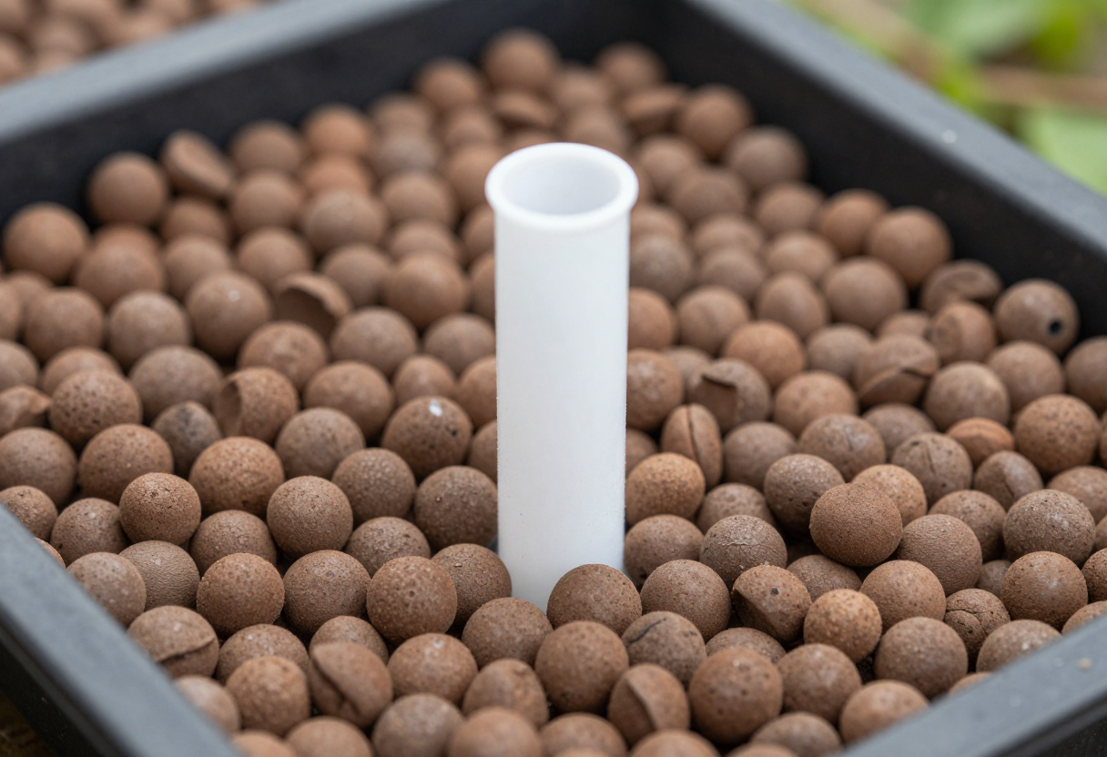 A white overflow standpipe fitting rising through the bottom of a black grow tray filled with clay pebbles