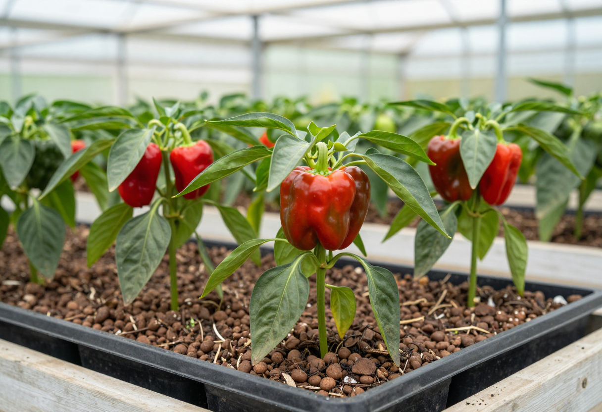 Healthy pepper plants with red peppers growing in a large tray of clay pebbles