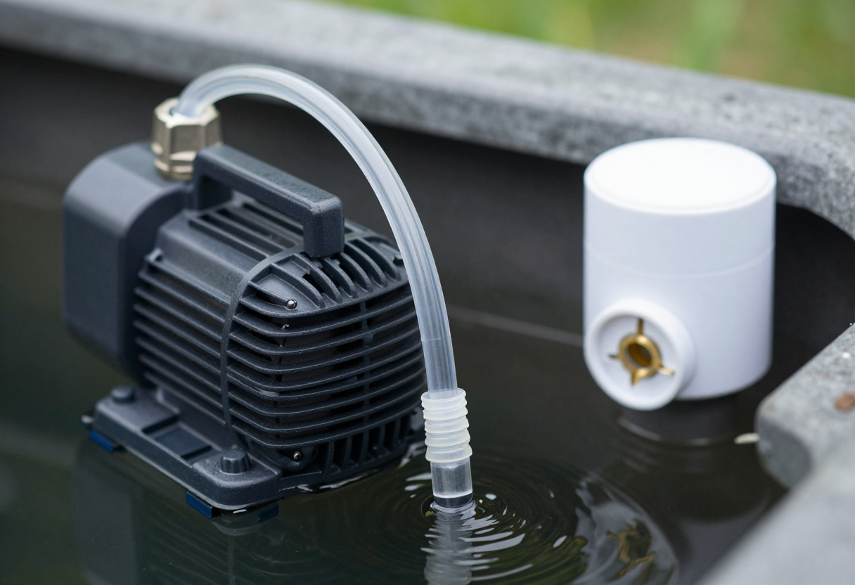 A submersible pump with clear tubing beside a dark reservoir and a plug-in outlet timer