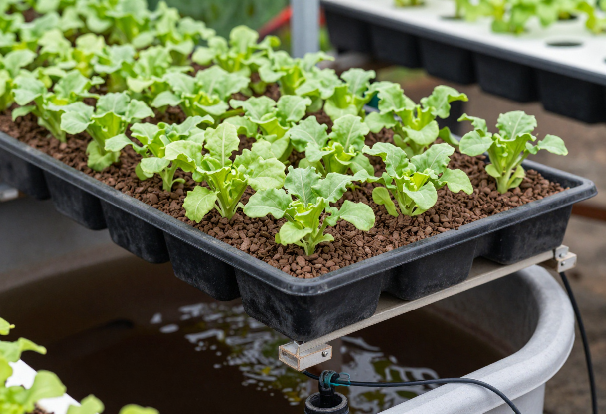 An ebb and flow hydroponic setup with a black grow tray of clay pebbles and plants above a reservoir tank