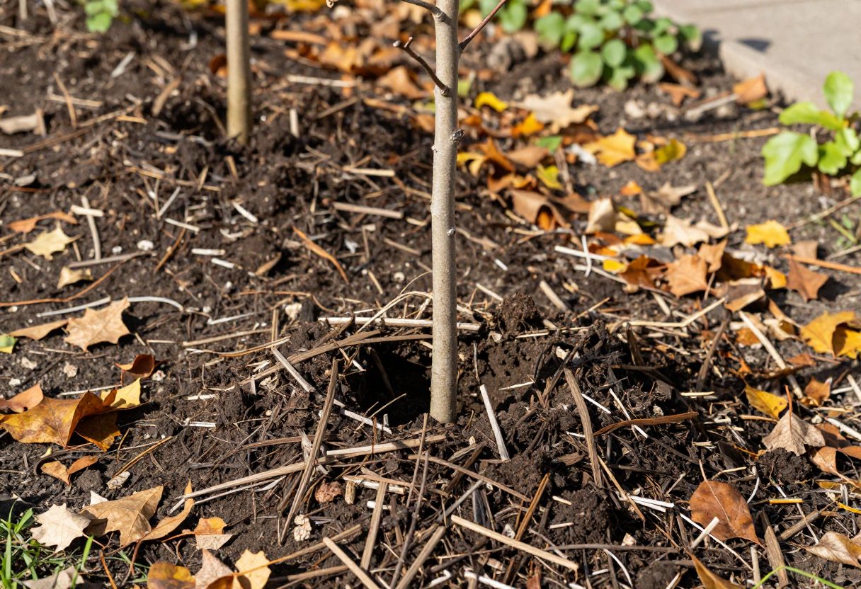 A freshly mulched new tree planting in a garden bed during autumn