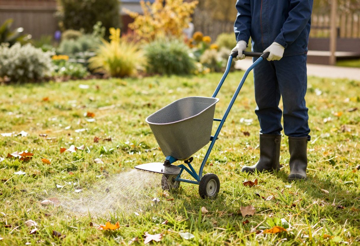 A spreader applying grass seed over a thin patchy lawn in autumn