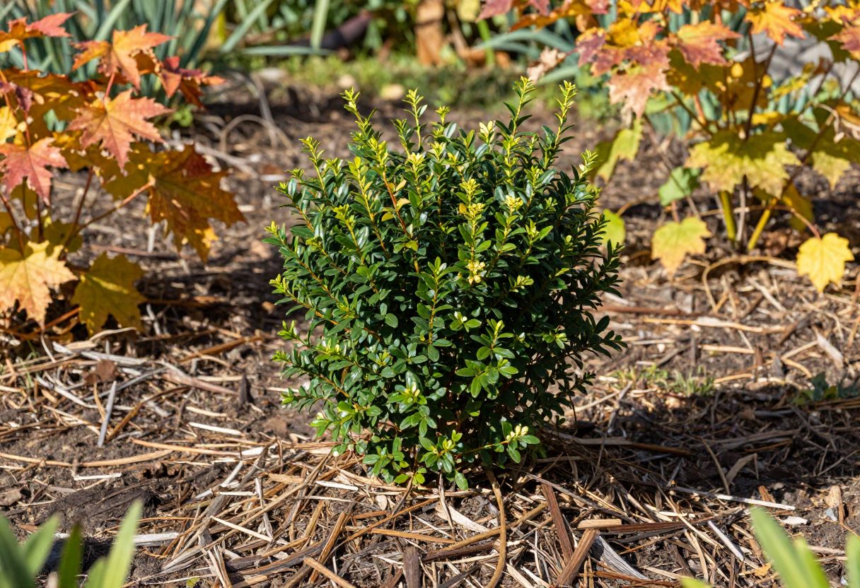 A newly planted shrub with mulch around its base in an autumn garden setting