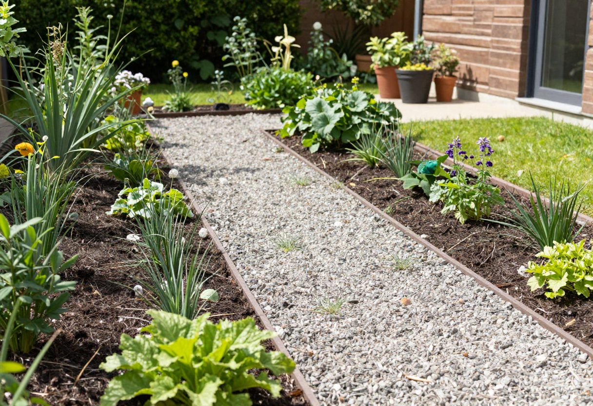 A gravel garden path serving as a fuel break between planted areas near a house