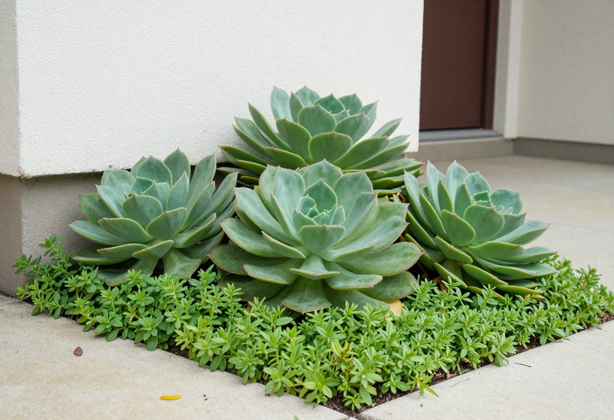 Well-irrigated succulents and low groundcover plants near a house foundation