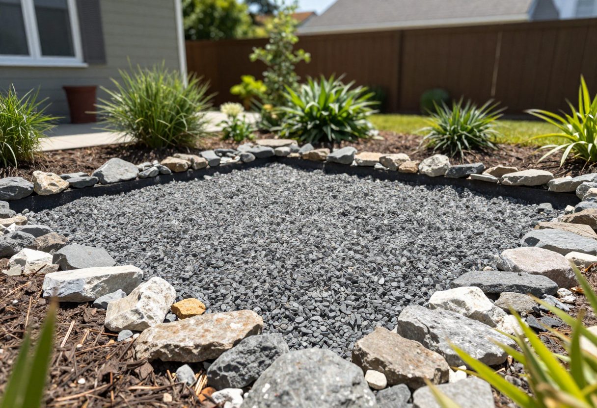 A house with a non-combustible gravel and stone perimeter immediately around its foundation
