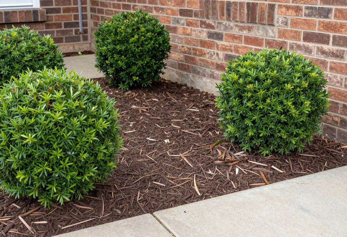 A mulched gap maintained between garden shrubs and a house foundation wall