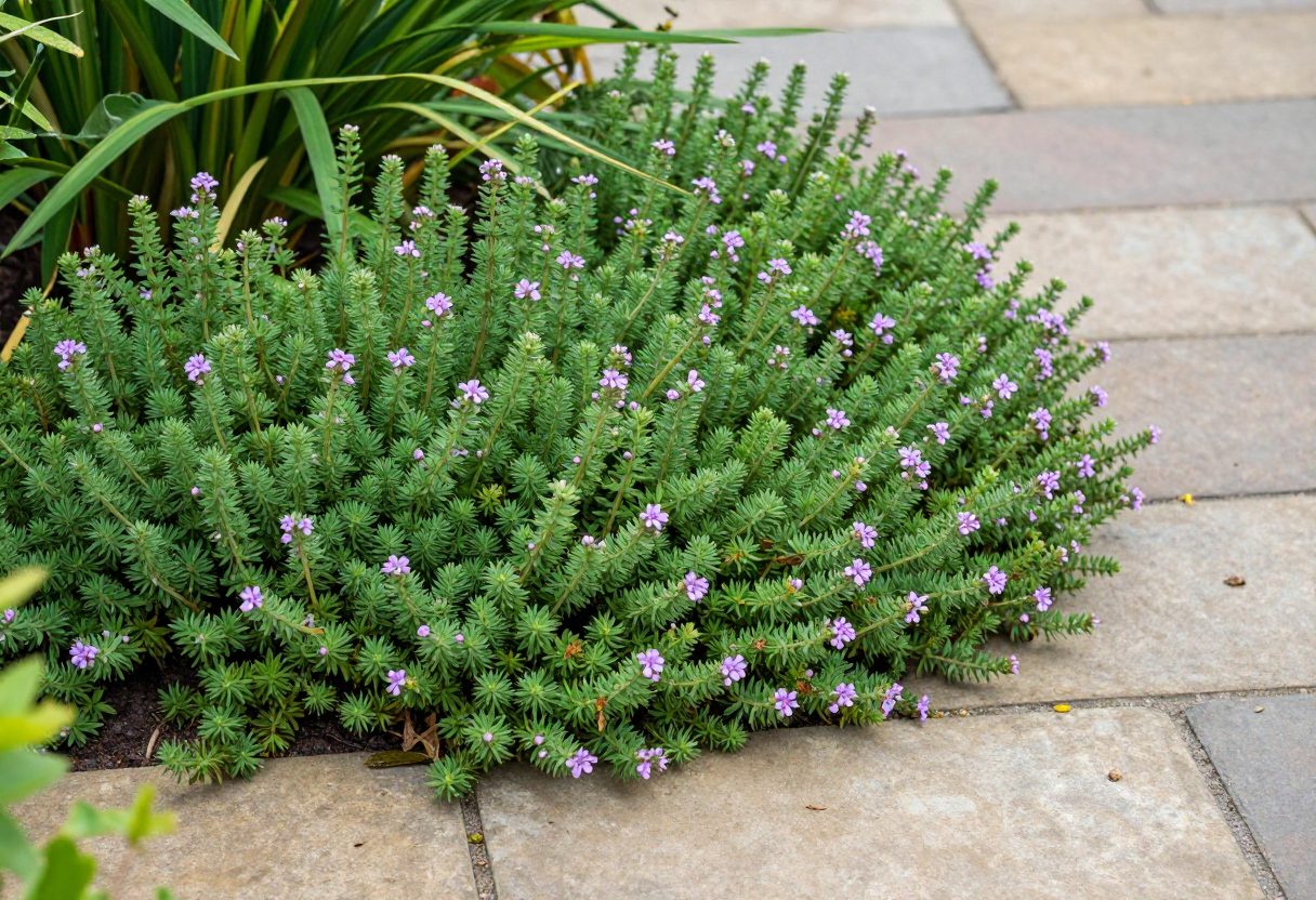 Creeping thyme growing lushly between flagstone stepping stones on a garden path