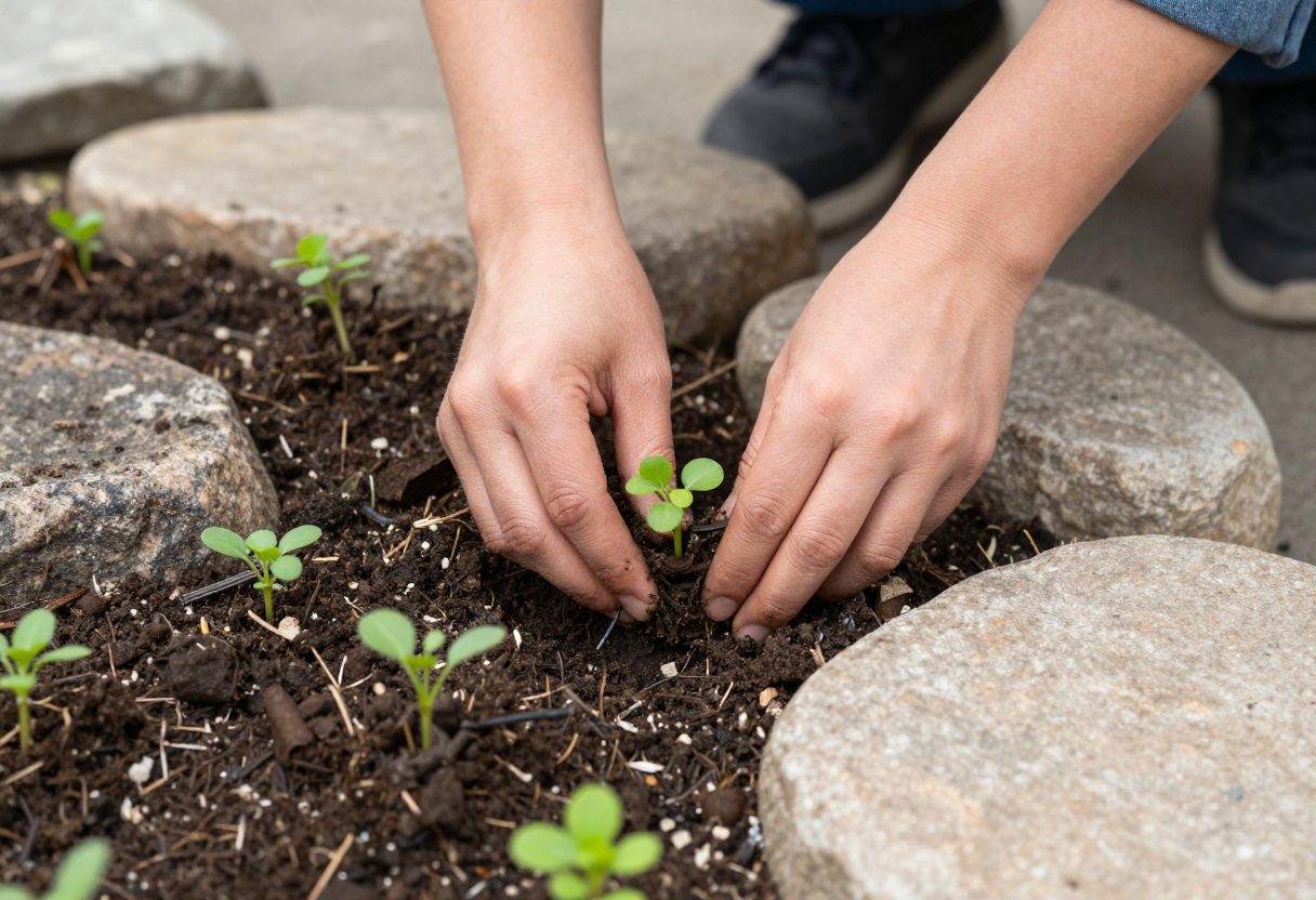 Hands planting small groundcover plugs into the gaps between irregular natural stepping stones
