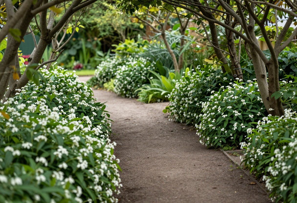 A shaded garden path lined with sweet woodruff and lush foliage plants under trees