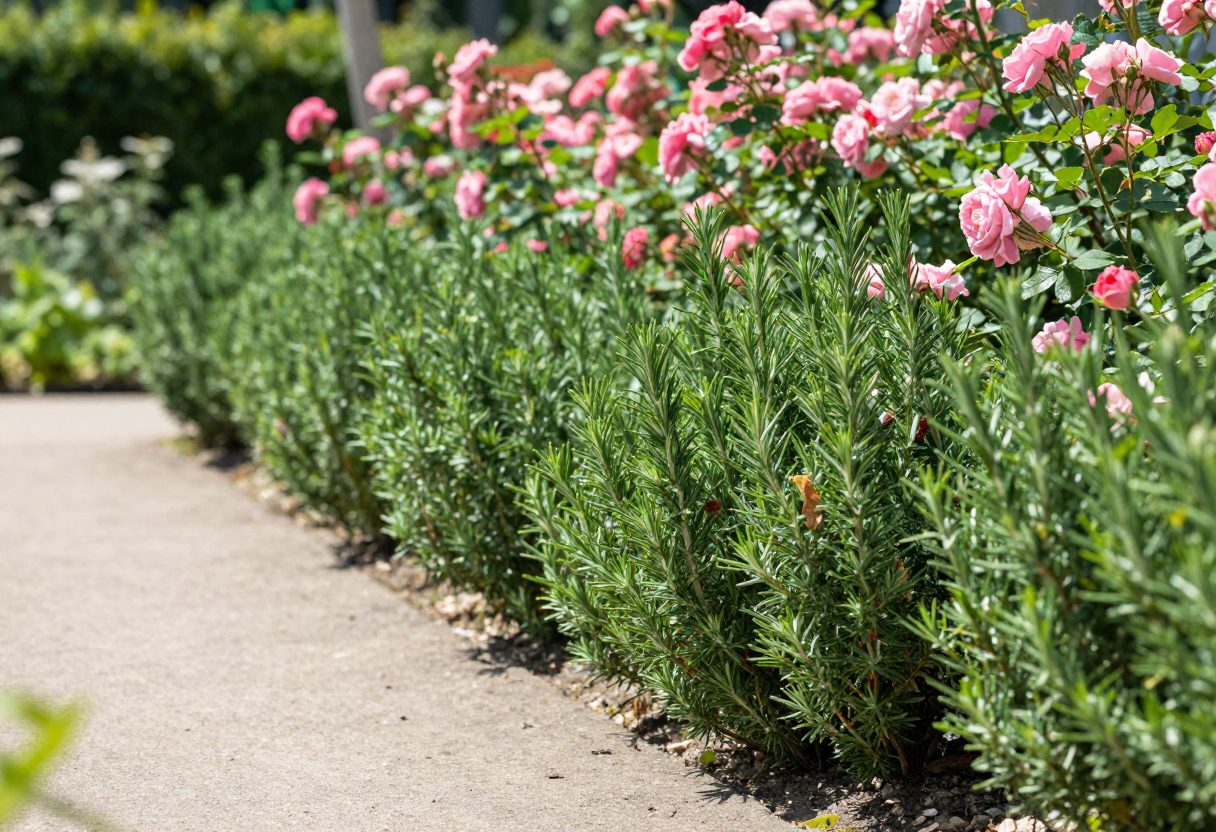 A garden path in midsummer lined with rosemary and blooming roses