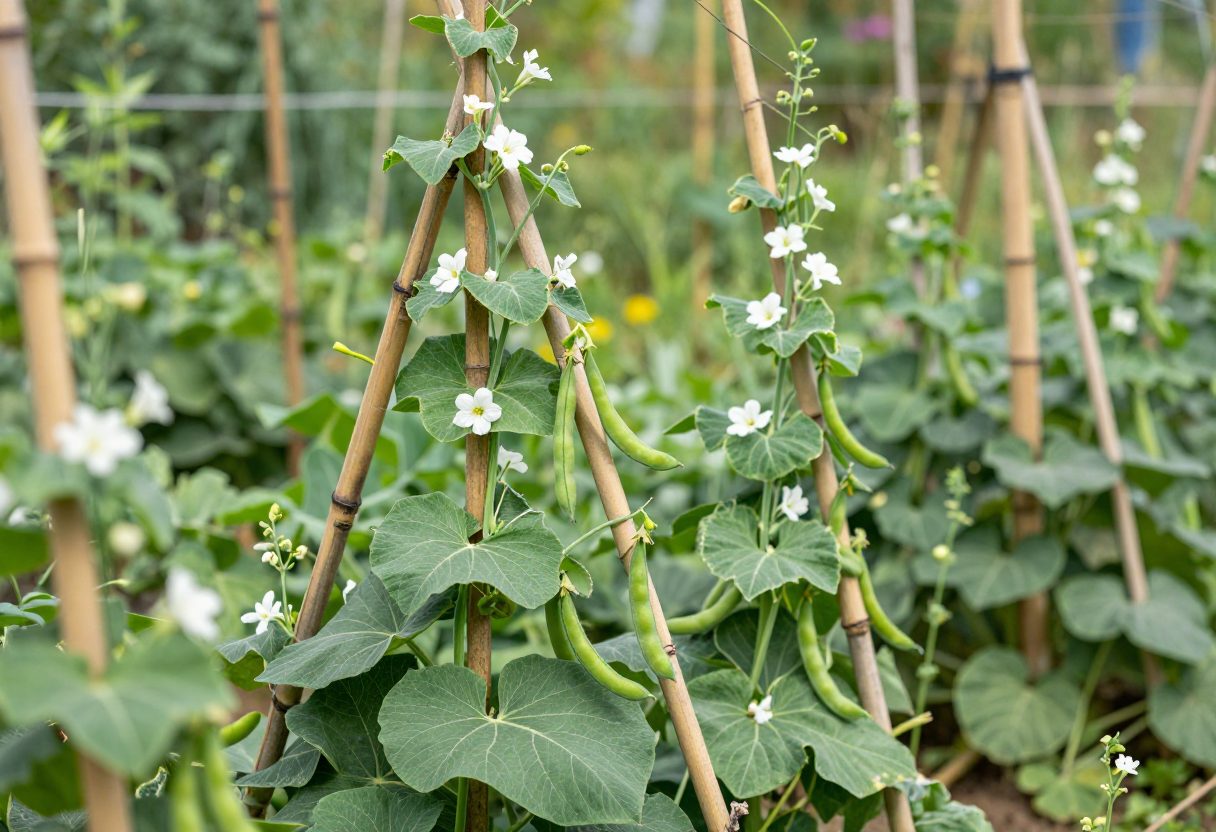 Green pole bean vines twining up a teepee of bamboo poles with small white flowers and green pods