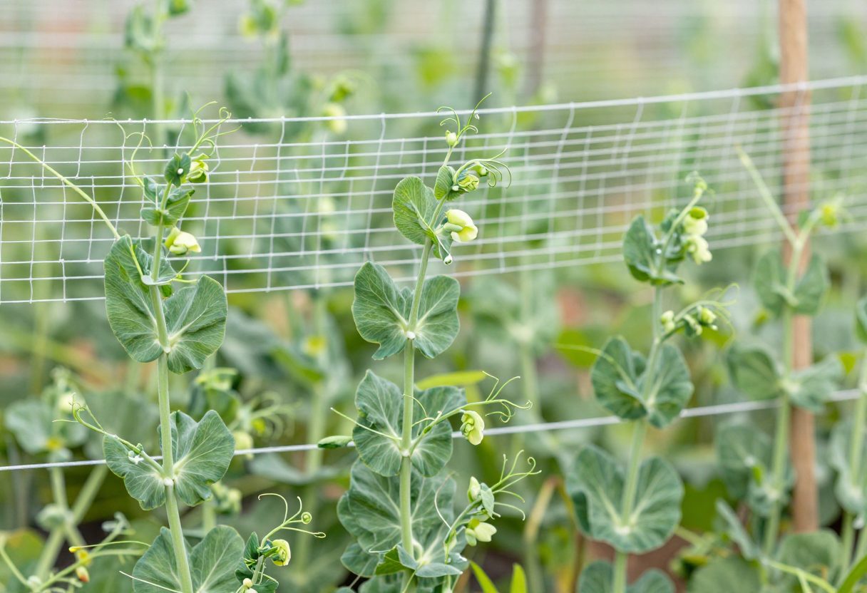Young pea plants with curling tendrils climbing a white garden netting trellis in cool spring light