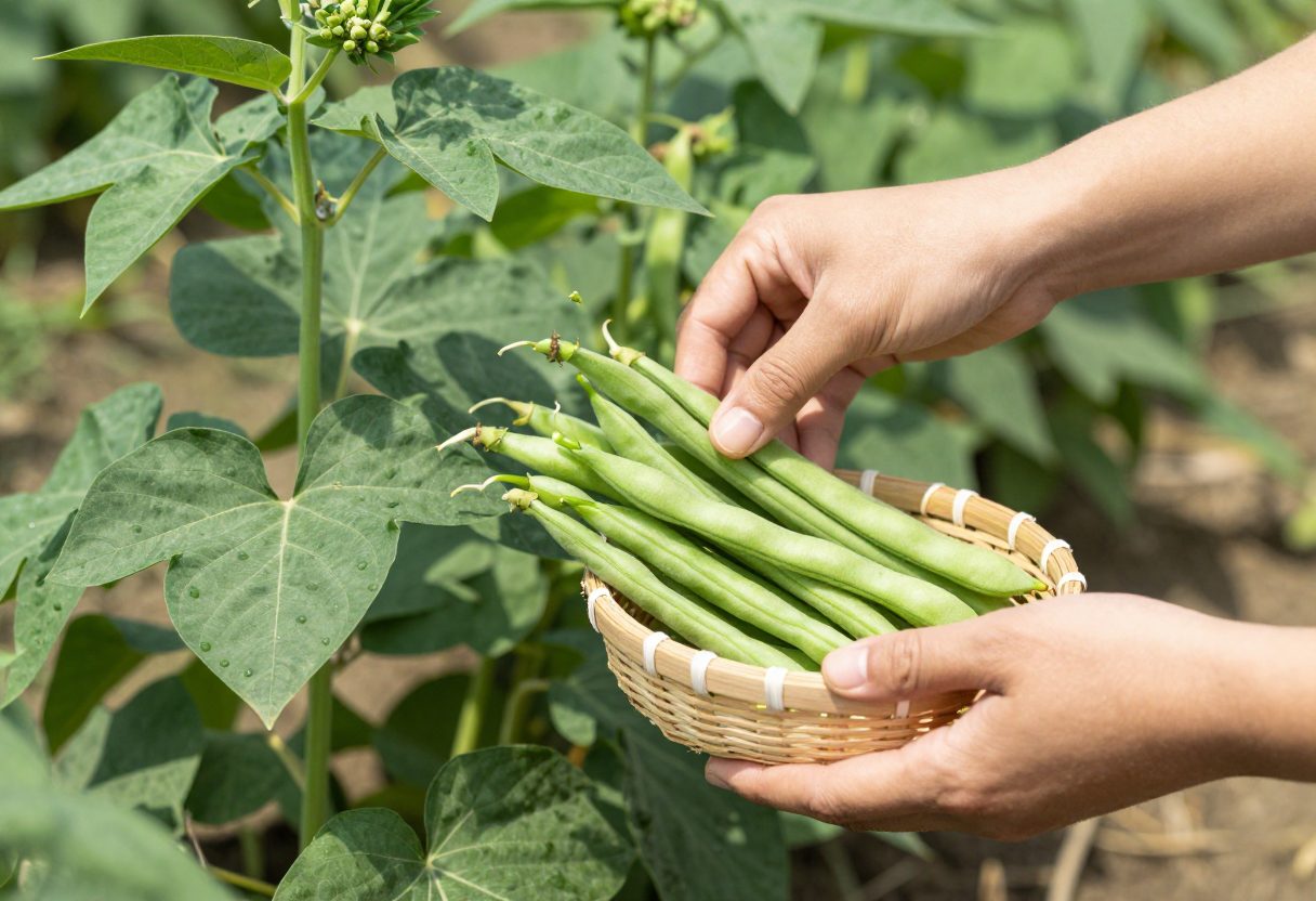Hands picking slender green snap beans from a leafy bean plant into a small woven basket