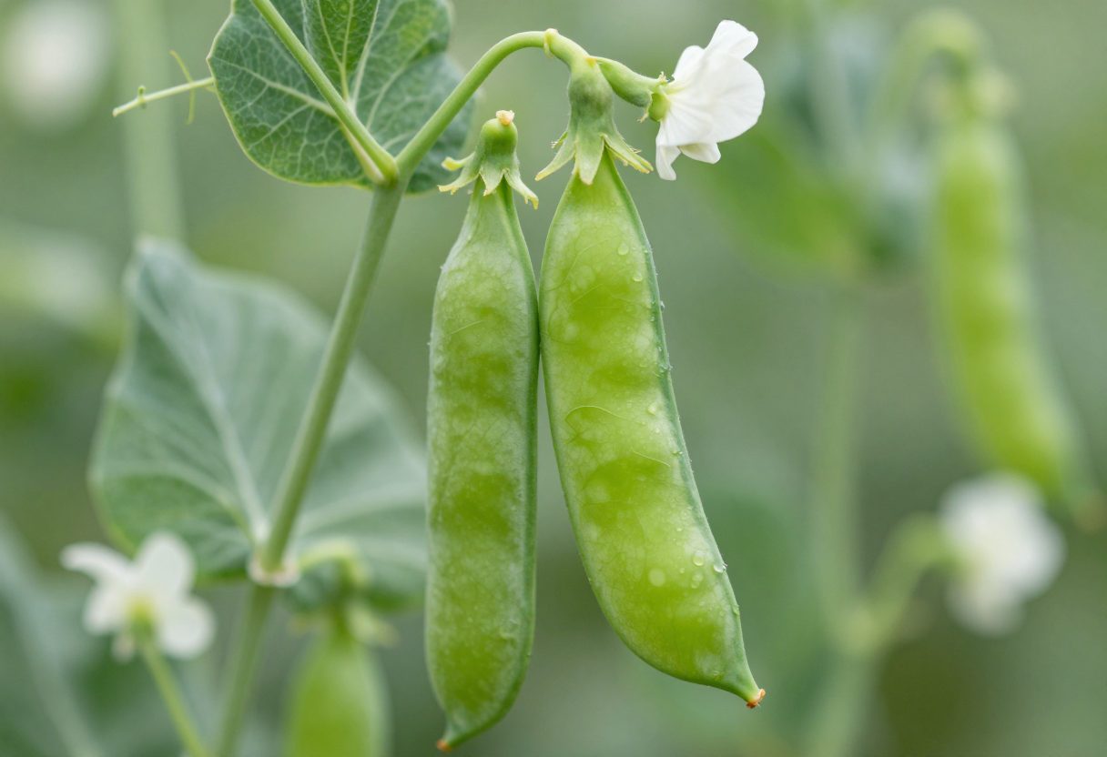 Plump green sugar snap pea pods hanging on a pea vine with curling tendrils and small white flowers