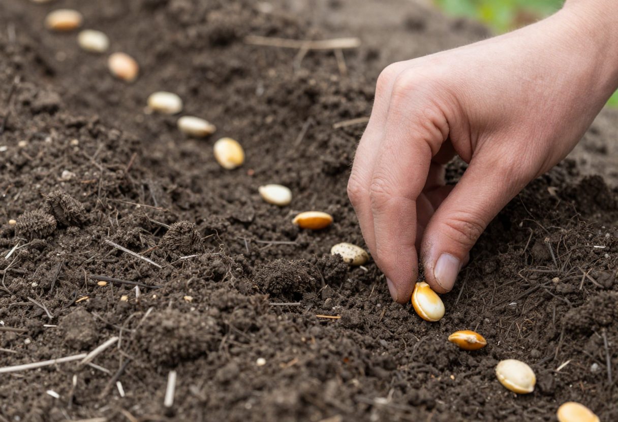 A gardener hand pressing large bean seeds into a shallow furrow in dark garden soil