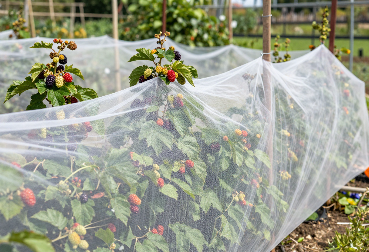 Protective bird netting draped over ripening berry bushes in a home garden