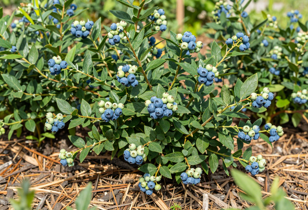 Blueberry bushes with clusters of ripening berries in an acidic soil garden bed with pine bark mulch