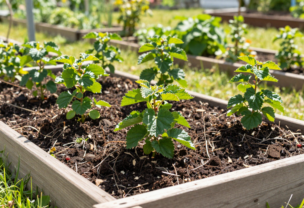 A sunny garden site being prepared with compost for planting berry bushes