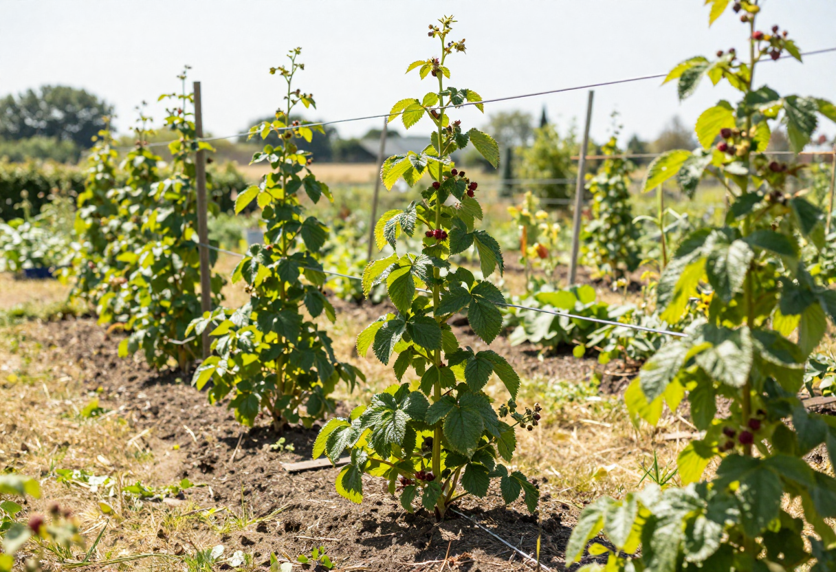Raspberry canes trained along a simple wire trellis system in a garden row