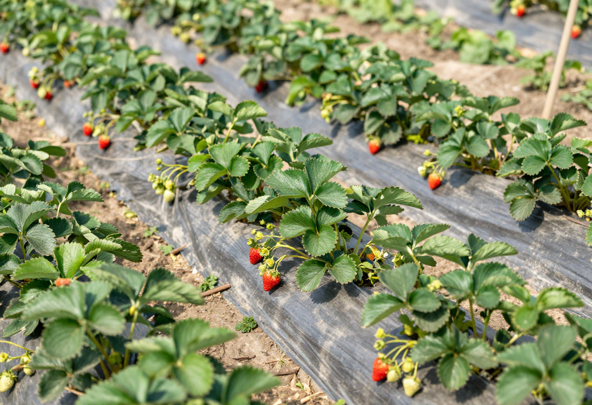 A strawberry patch with runners spreading to fill in a matted row planting system