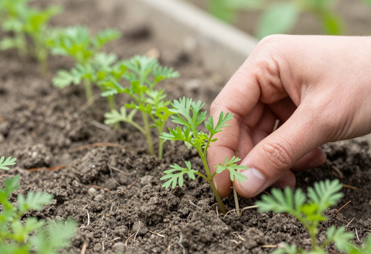 A row of tiny feathery carrot seedlings in fine crumbly soil with a gardener fingers gently thinning them