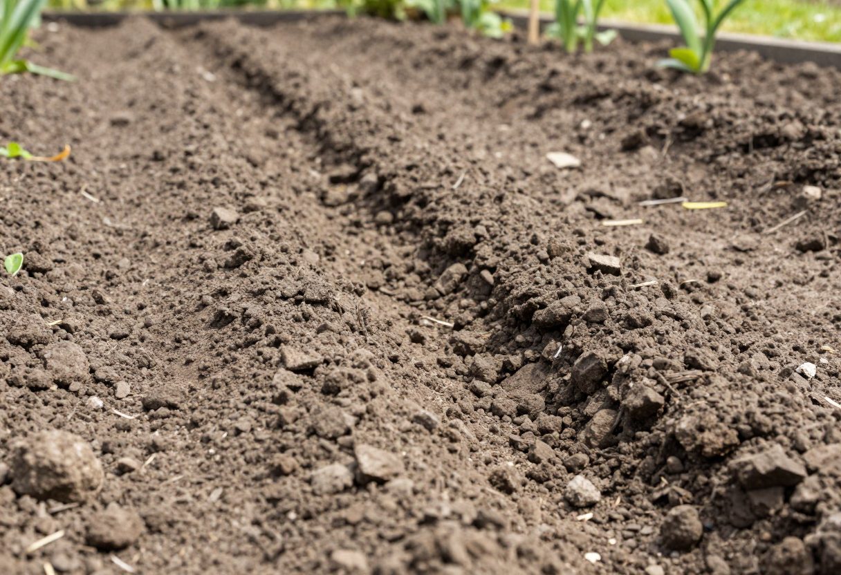 A finely raked loose crumbly garden bed with one shallow straight seed furrow drawn down its length