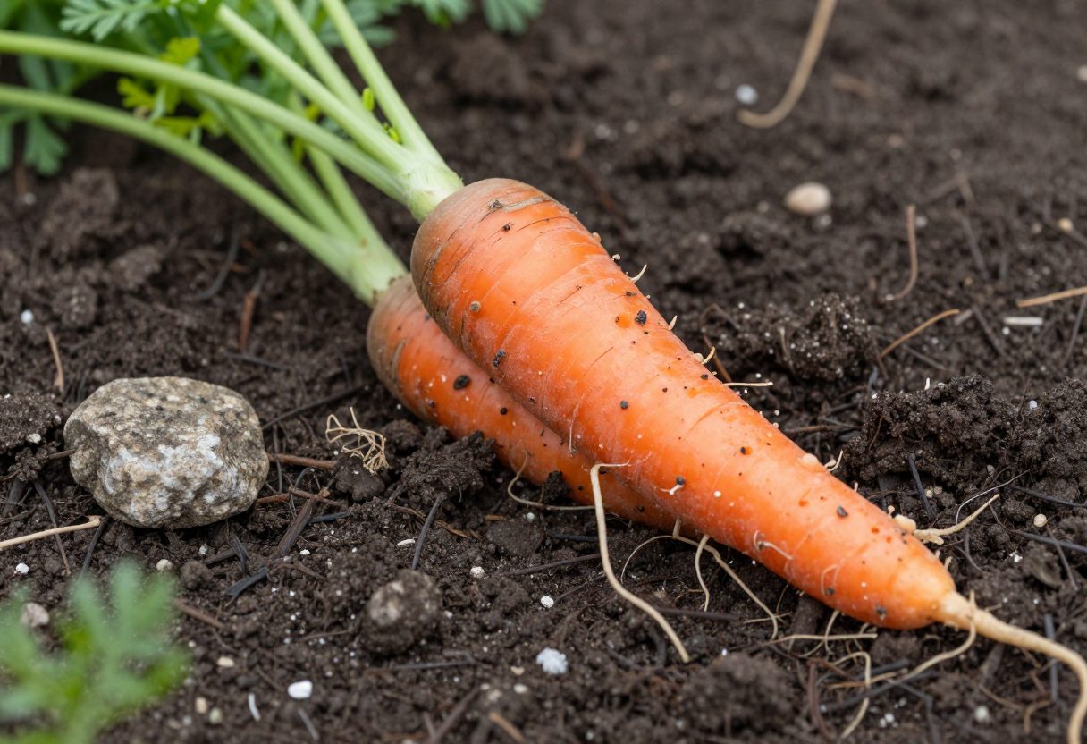 A misshapen carrot with a split root lying on dark soil next to a small stone