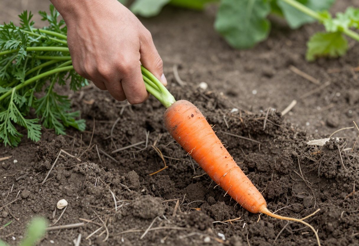 A hand pulling a long straight orange carrot out of loose dark soil showing the full root and green top