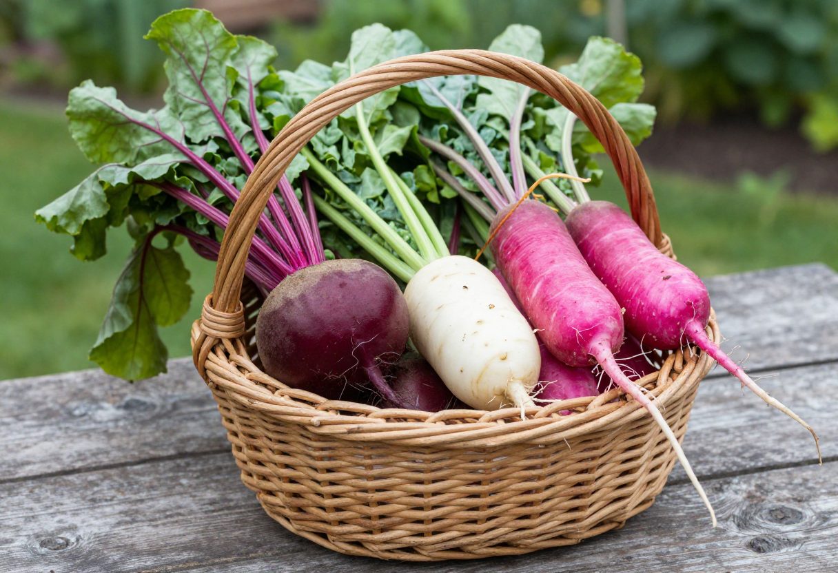 A wicker basket of freshly harvested red beets, white turnips, and pink radishes with leafy tops on a wooden table