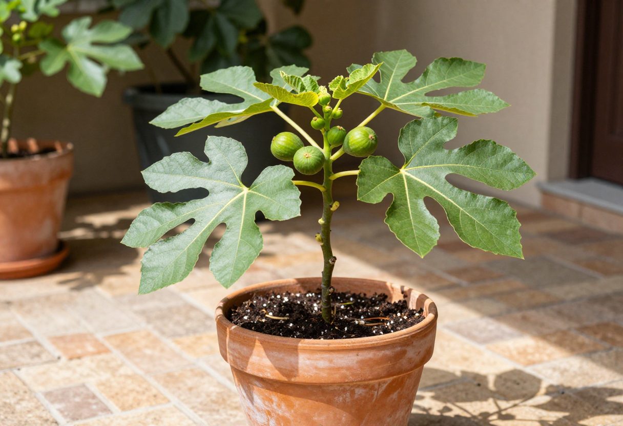 A young fig tree growing in a very large terracotta pot on a sunny brick patio with large lobed leaves and green figs