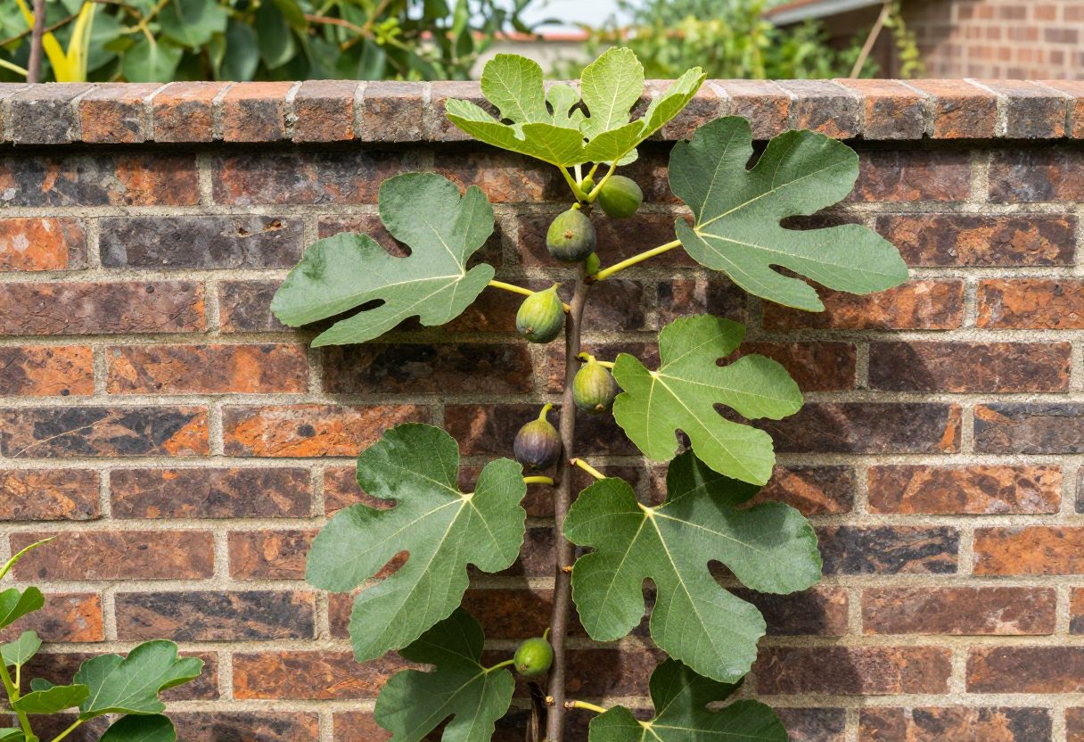 A fig tree trained flat against a sunny south-facing brick wall with large leaves and ripening figs
