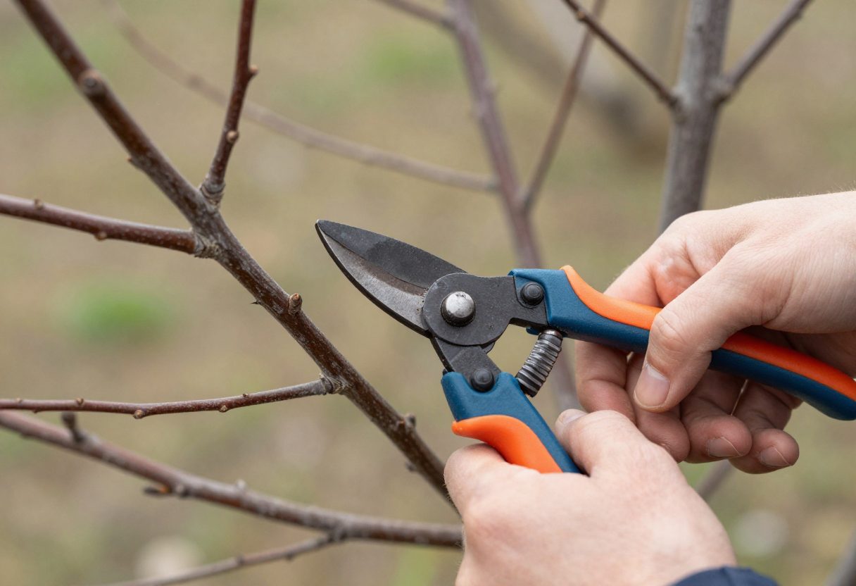 Hand pruners cutting a bare leafless fig branch in late winter with gardener hands in the frame