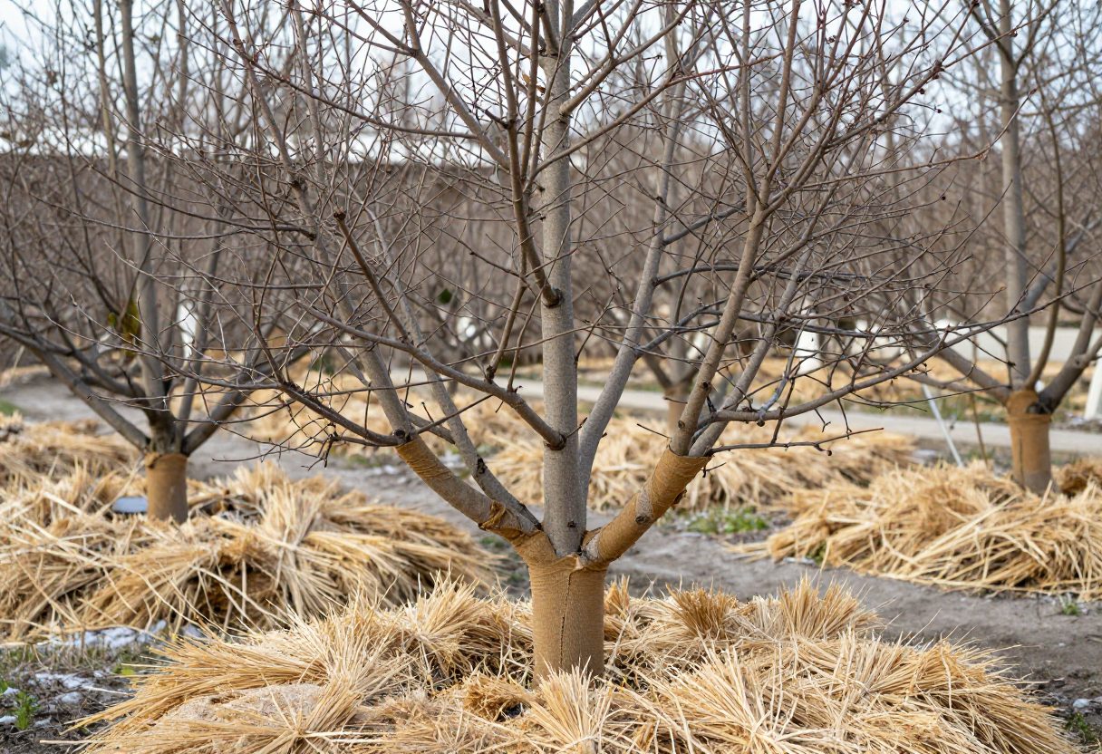 Bare leafless fig trees in winter with a thick layer of straw mulch spread around their trunks