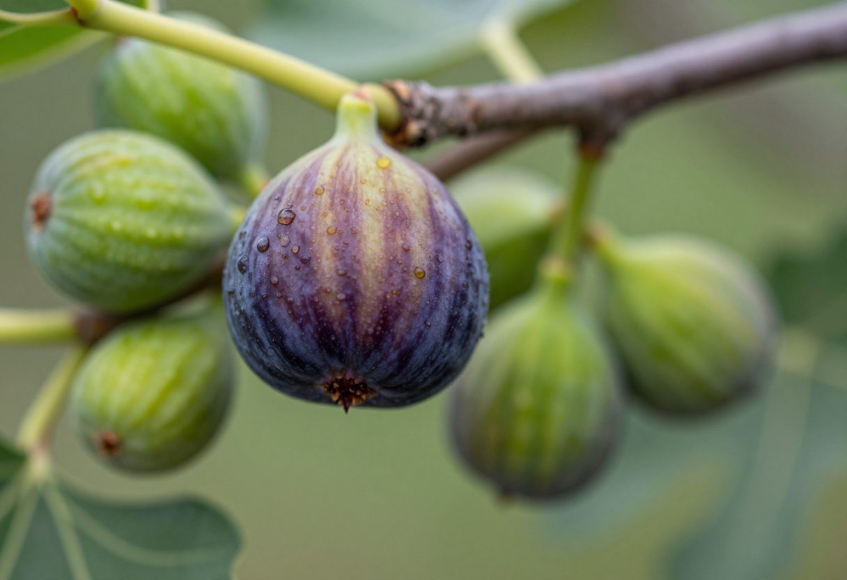 A ripe soft purple fig drooping on the branch next to smaller hard green unripe figs