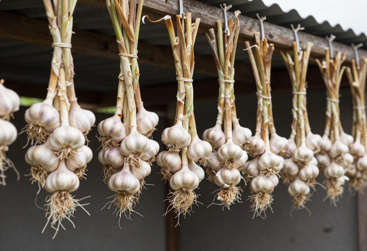 Bundles of harvested garlic bulbs with long stems hanging to dry from a rafter in a well-ventilated shed