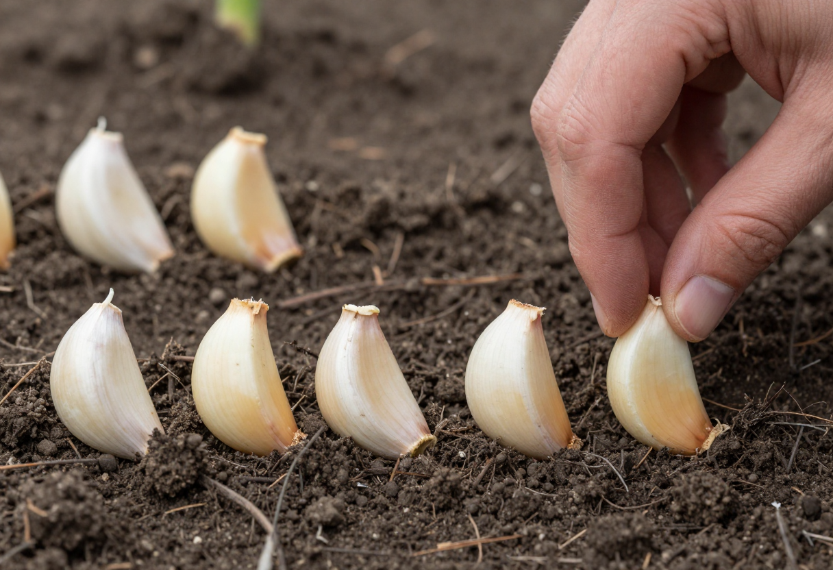 Individual garlic cloves lined up pointed end up on loose dark soil while a hand sets the next one in place