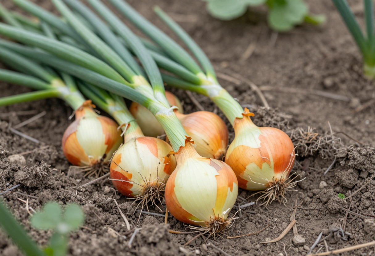 Freshly lifted onions with yellowing green tops lying on dry soil in a garden bed