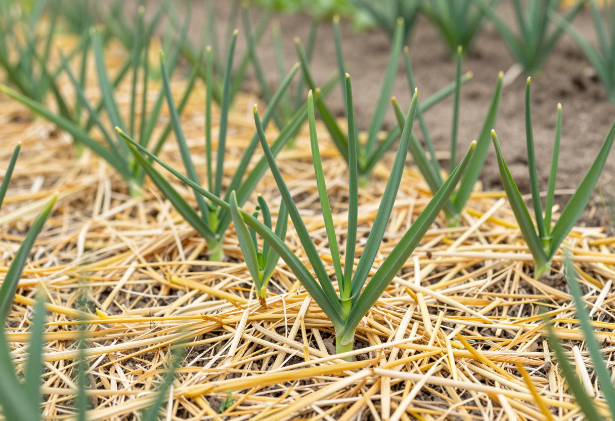 A bed of green garlic shoots emerging through a layer of golden straw mulch in spring