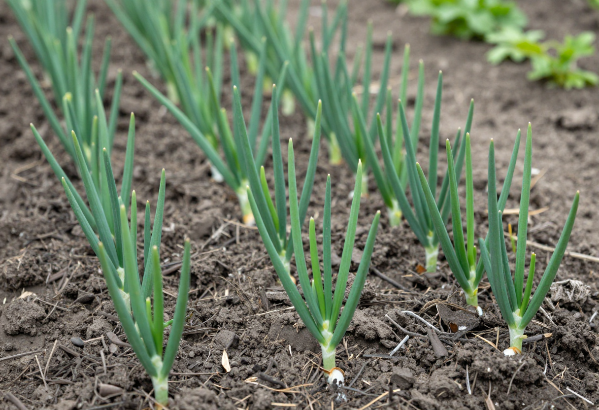 Rows of young green onion seedlings planted a few inches apart in a garden bed