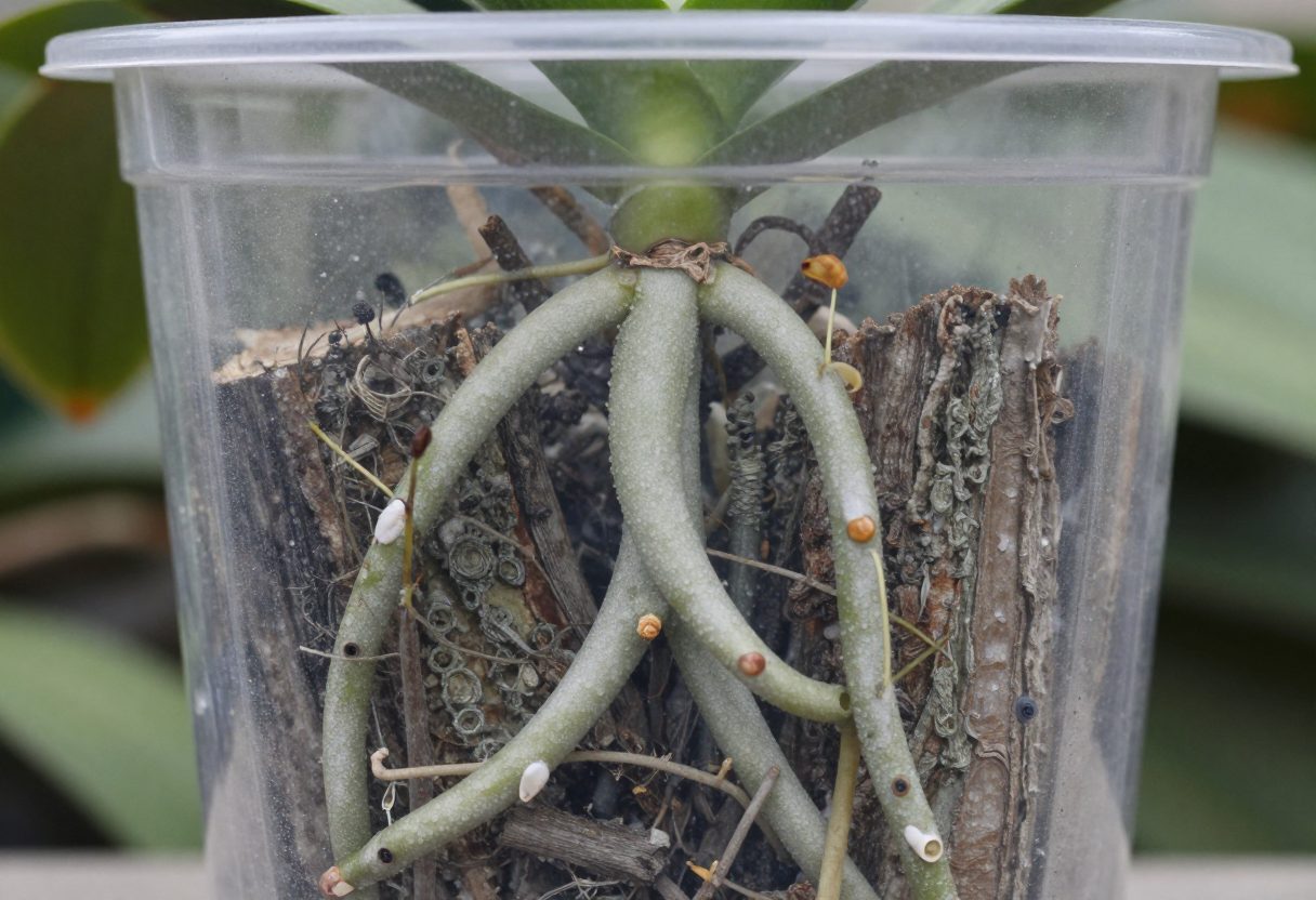 A moth orchid in a clear plastic pot showing thick silvery-green and green roots and coarse bark chunks