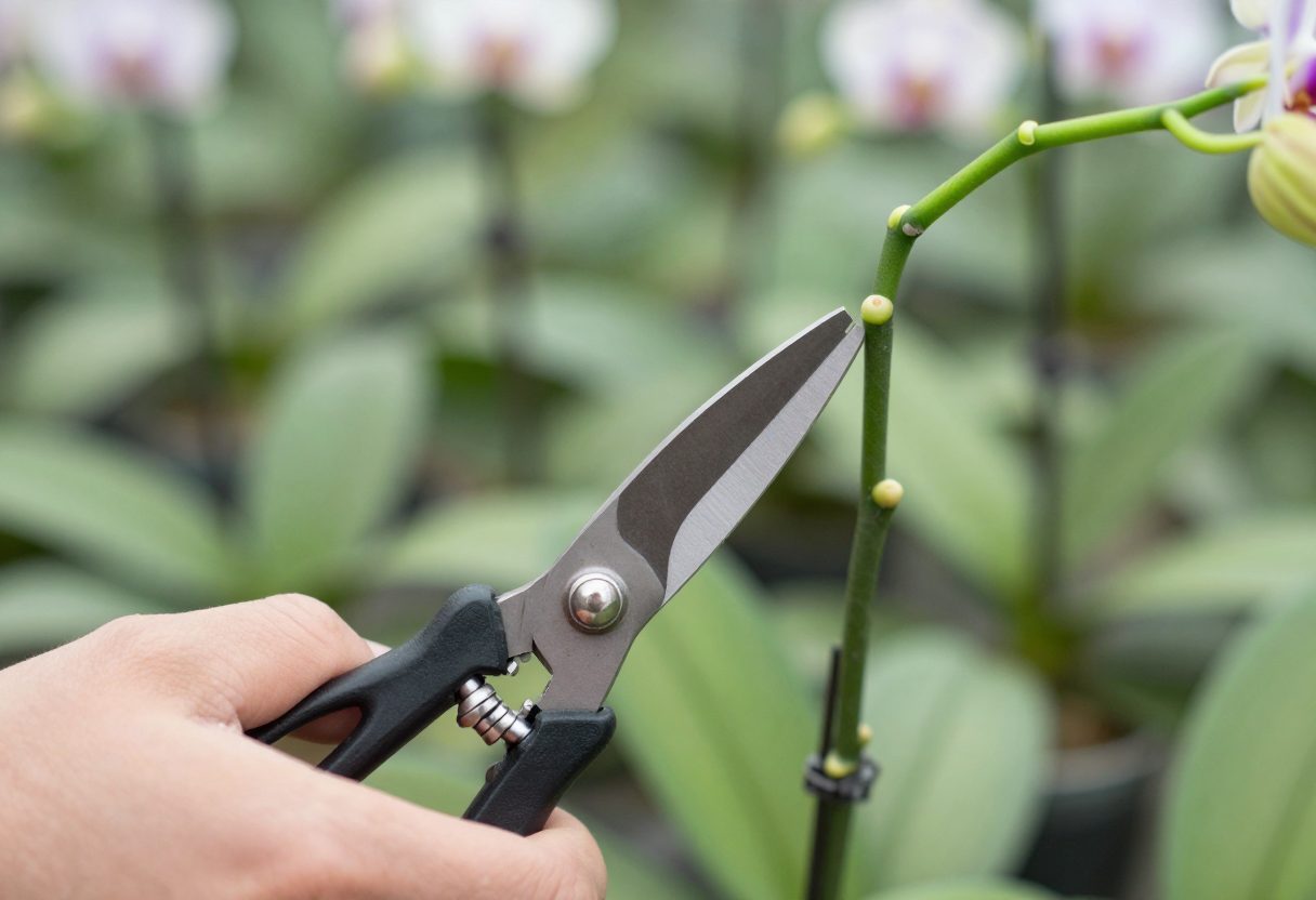 A finished orchid flower spike being cut with clean scissors just above a node on the stem
