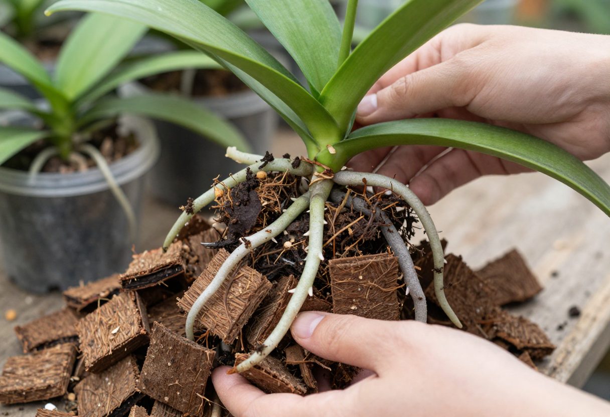 Hands repotting an orchid into fresh coarse bark chunks with the old dark medium removed and roots spread
