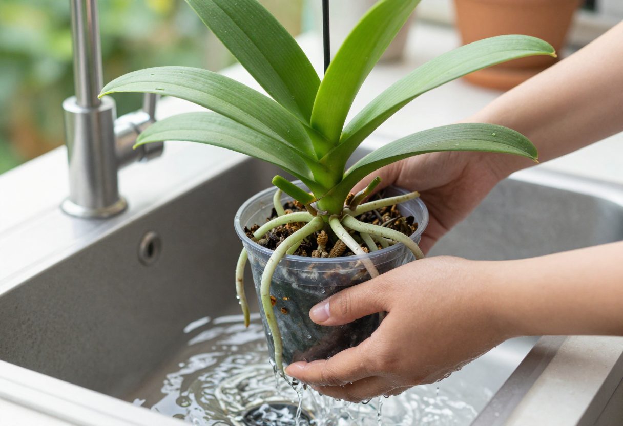 An orchid pot being soaked in a sink basin of water with the roots turning green and hands lifting the pot