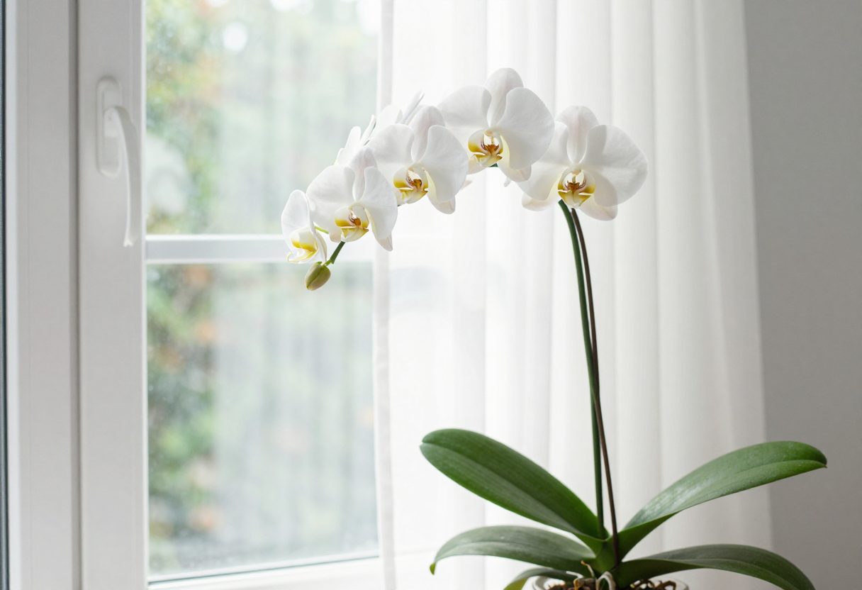 A moth orchid on a bright east-facing windowsill with a sheer curtain diffusing sunlight and healthy medium green leaves