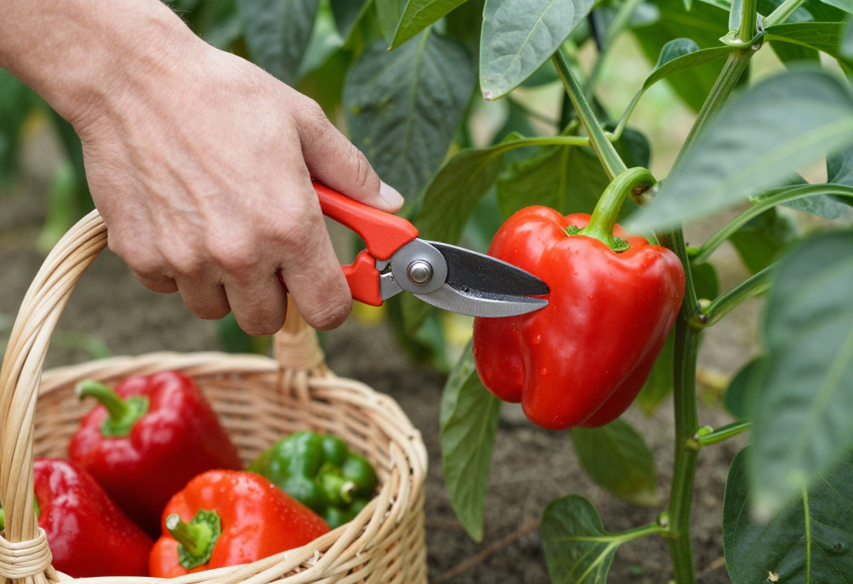 A gardener cutting a ripe red bell pepper from a plant with pruners into a basket of harvested peppers